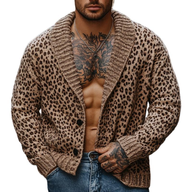 Men's Fashion Shawl Collar Leopard Jacquard Knitted Cardigan