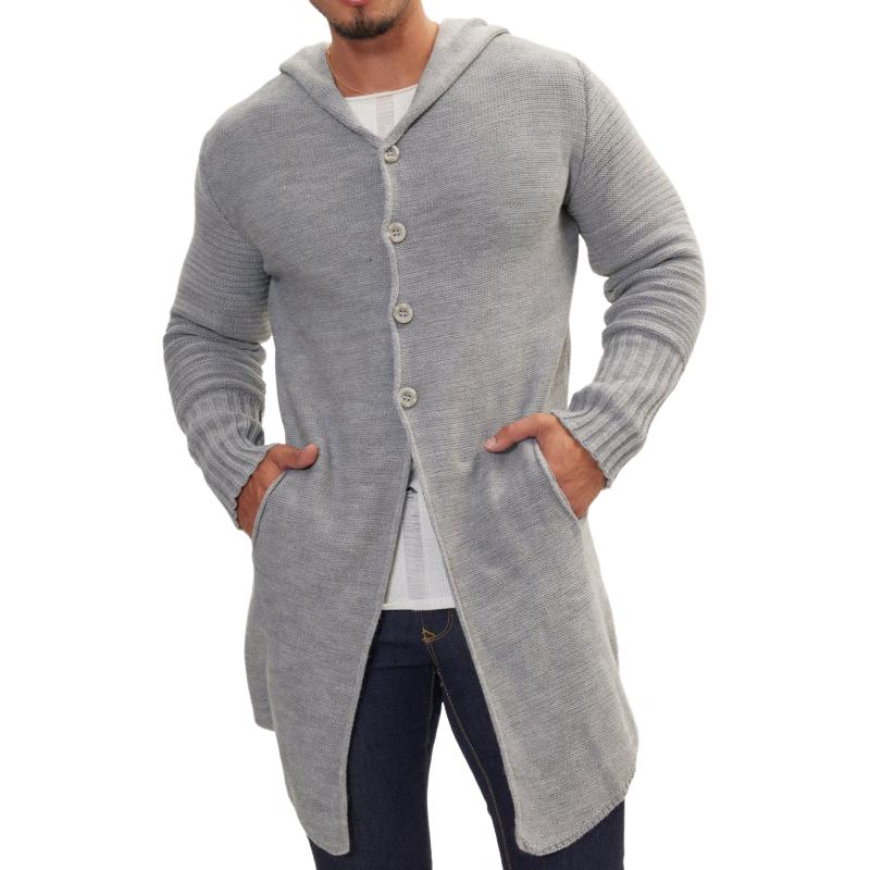 Men's Casual Hooded Single-breasted Mid-length Knitted Cardigan