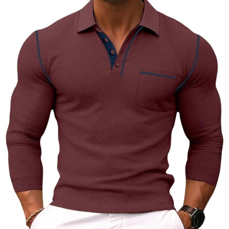 Men's Casual Colorblock Lapel Slim Fit Long Sleeve Polo Shirt