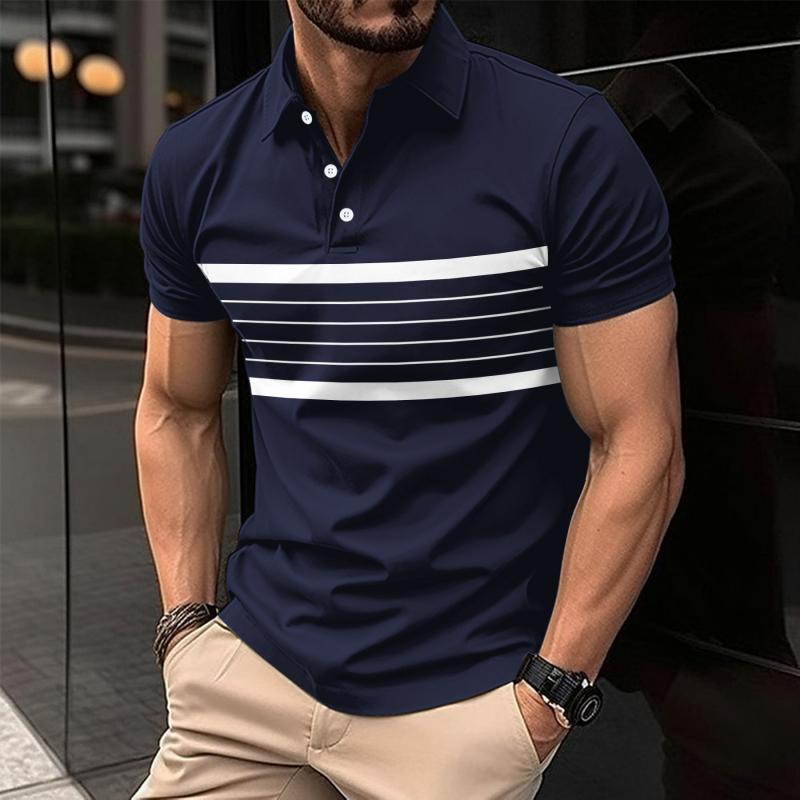 Men's Striped Casual Button-Down Short Sleeve Polo Shirt