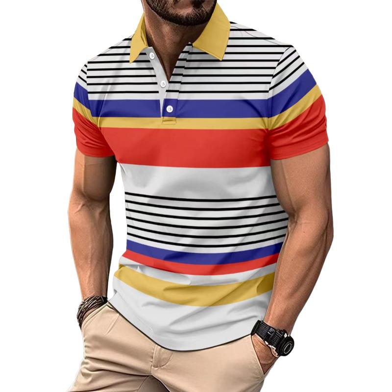 Men's Colorful Striped Lapel Short-Sleeved Polo Shirt