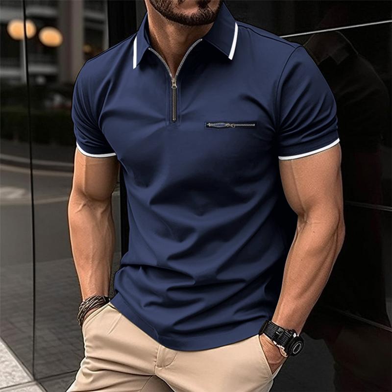 Men's Color Block Zip Short Sleeve Polo Shirt