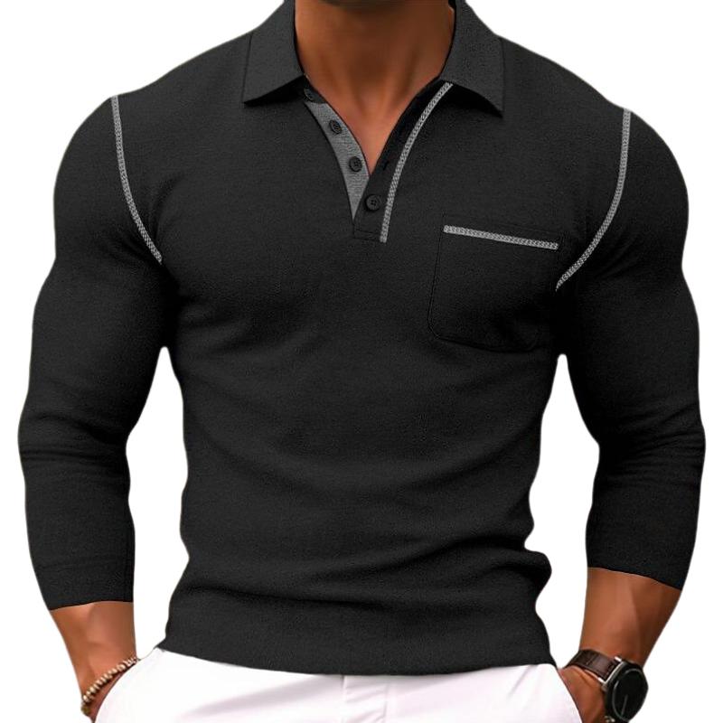 Men's Casual Colorblock Lapel Slim Fit Long Sleeve Polo Shirt