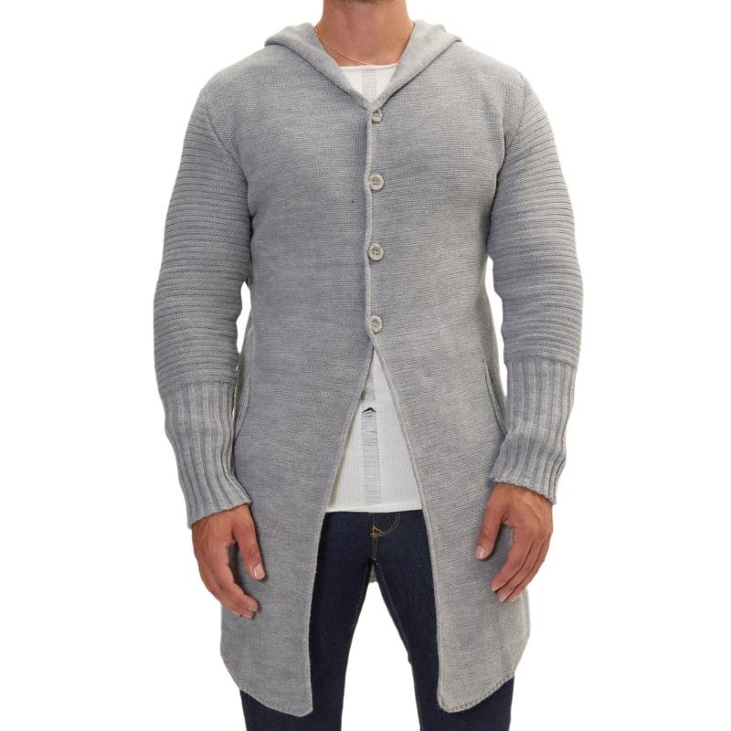 Men's Casual Hooded Single-breasted Mid-length Knitted Cardigan