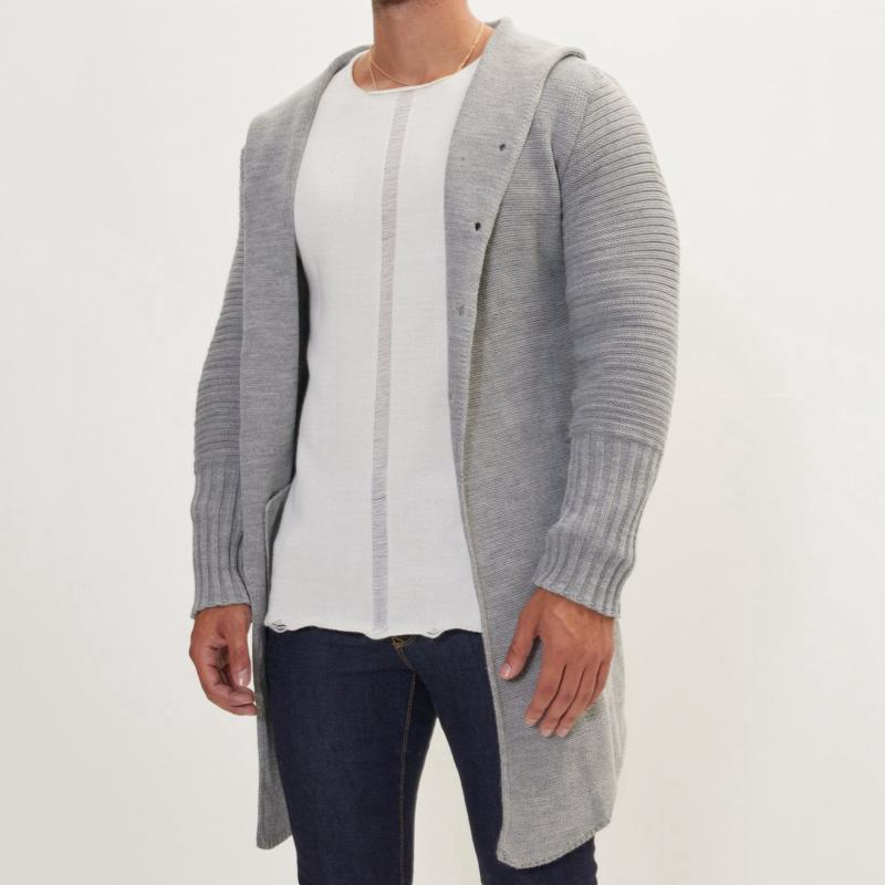 Men's Casual Hooded Single-breasted Mid-length Knitted Cardigan