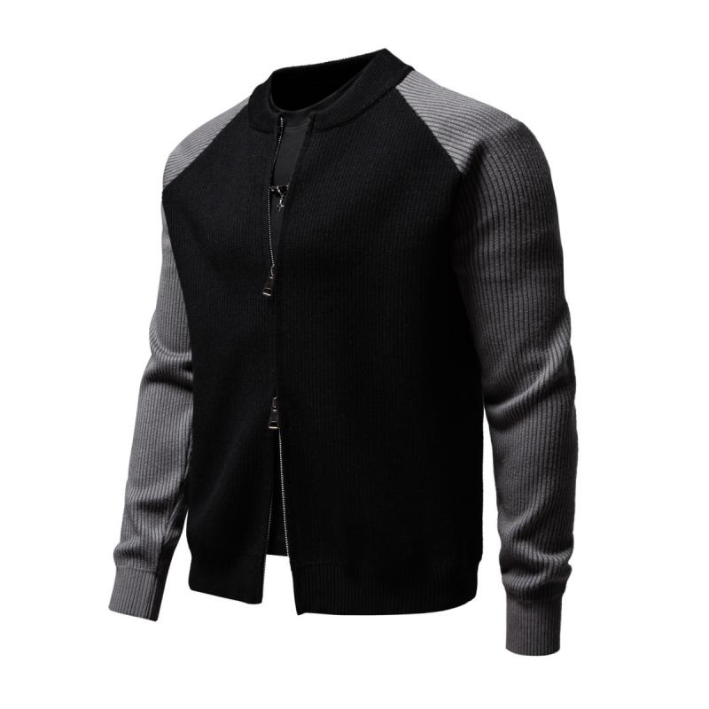 Men's Casual Colorblock Baseball Collar Loose Zipper Knit Cardigan