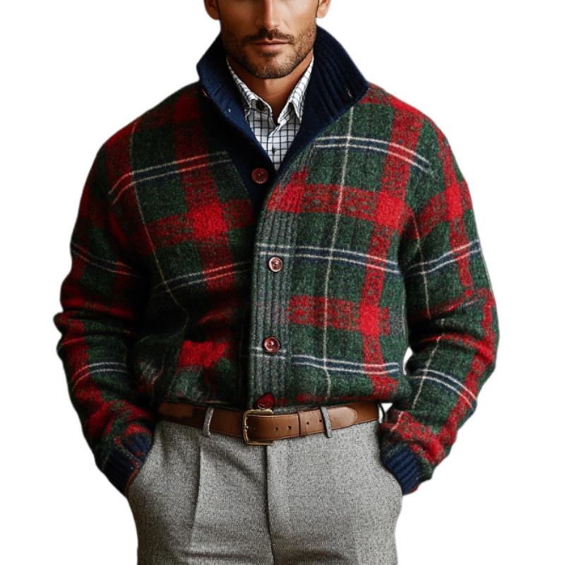 Men's Vintage Christmas Colorful Check Stand Collar Single Breasted Knit Cardigan