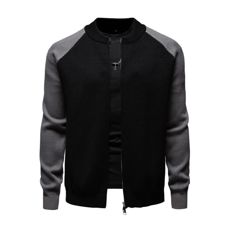 Men's Casual Colorblock Baseball Collar Loose Zipper Knit Cardigan