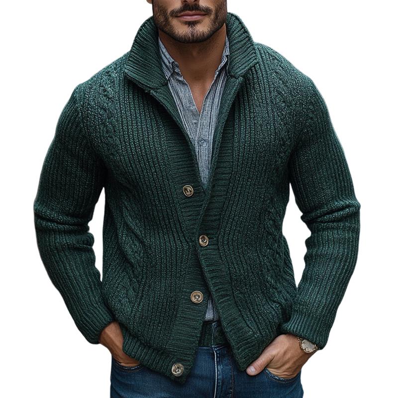 Men's Solid Color Knit Cable Stand Collar Single Breasted Cardigan