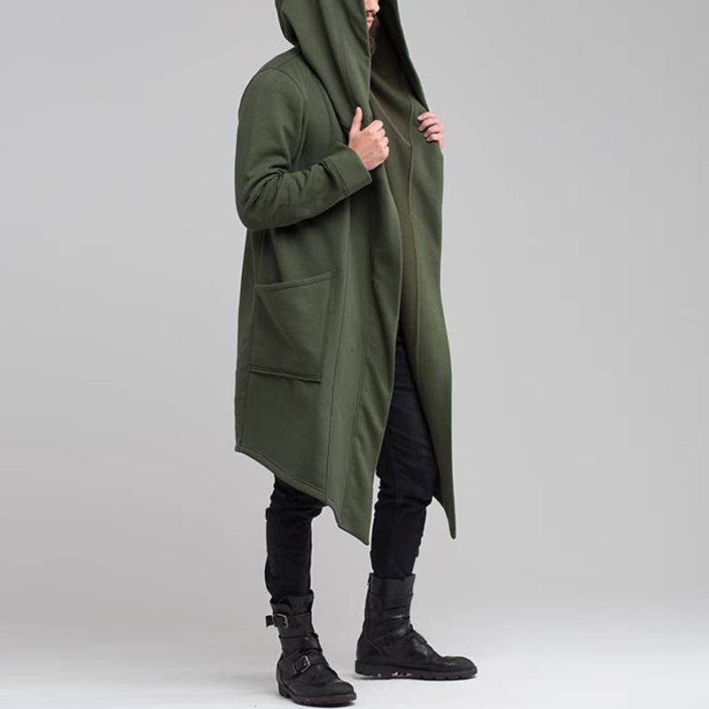 Men's Casual Solid Color Mid-Length Loose Long Sleeve Hooded Cardigan