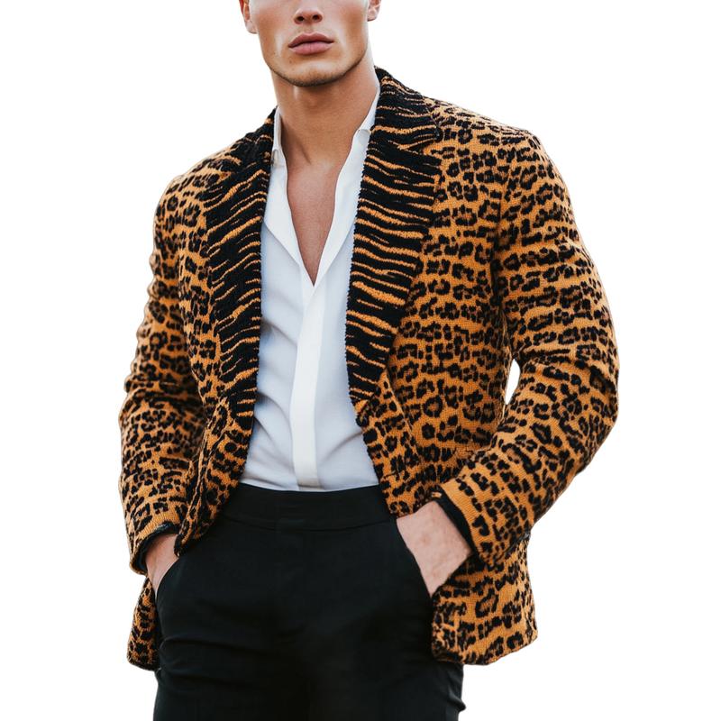 Men's Vintage Leopard Jacquard Splicing Lapel Knit Cardigan