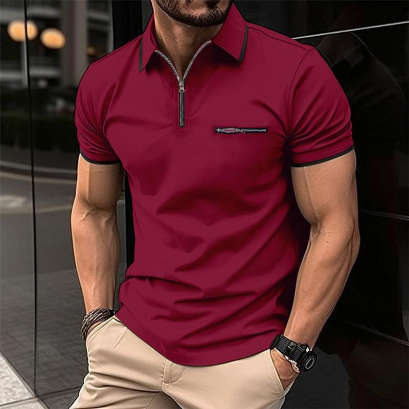 Men's Color Block Zip Short Sleeve Polo Shirt