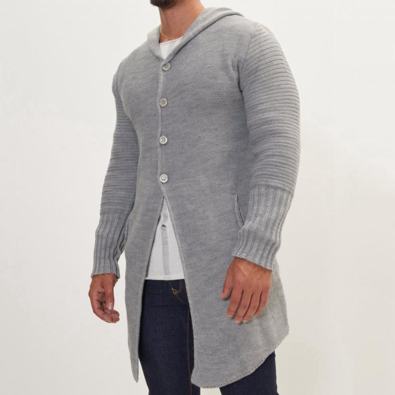 Men's Casual Hooded Single-breasted Mid-length Knitted Cardigan