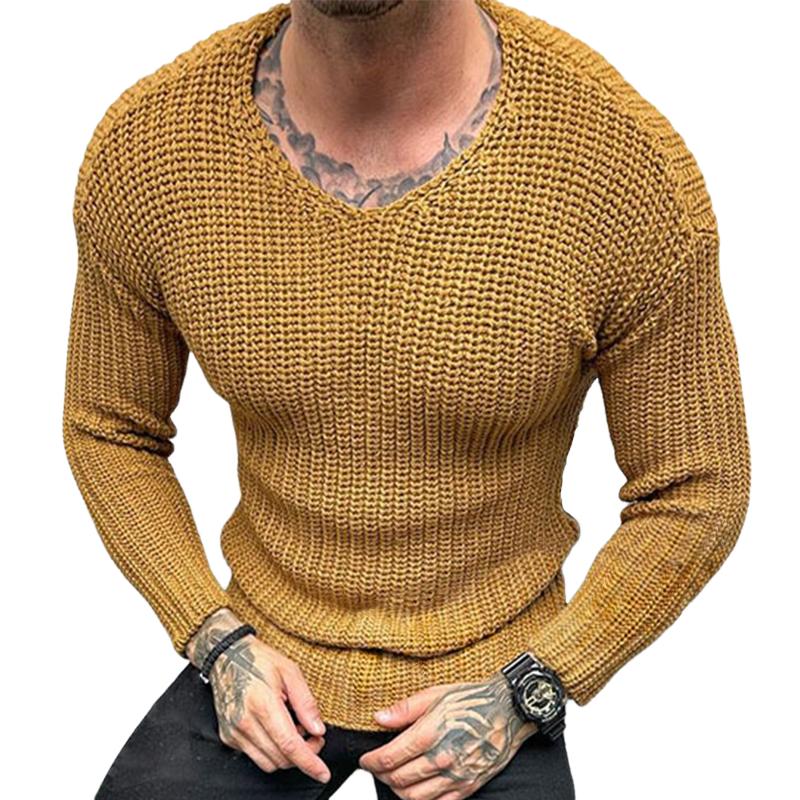 Men's Retro Casual Solid Color Round Neck Slim Sweater