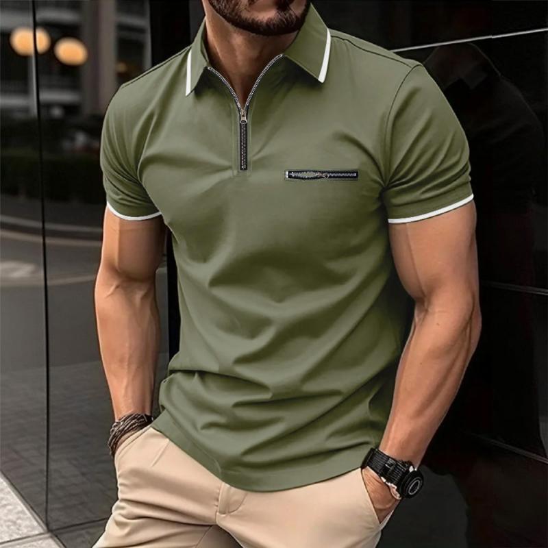 Men's Color Block Zip Short Sleeve Polo Shirt