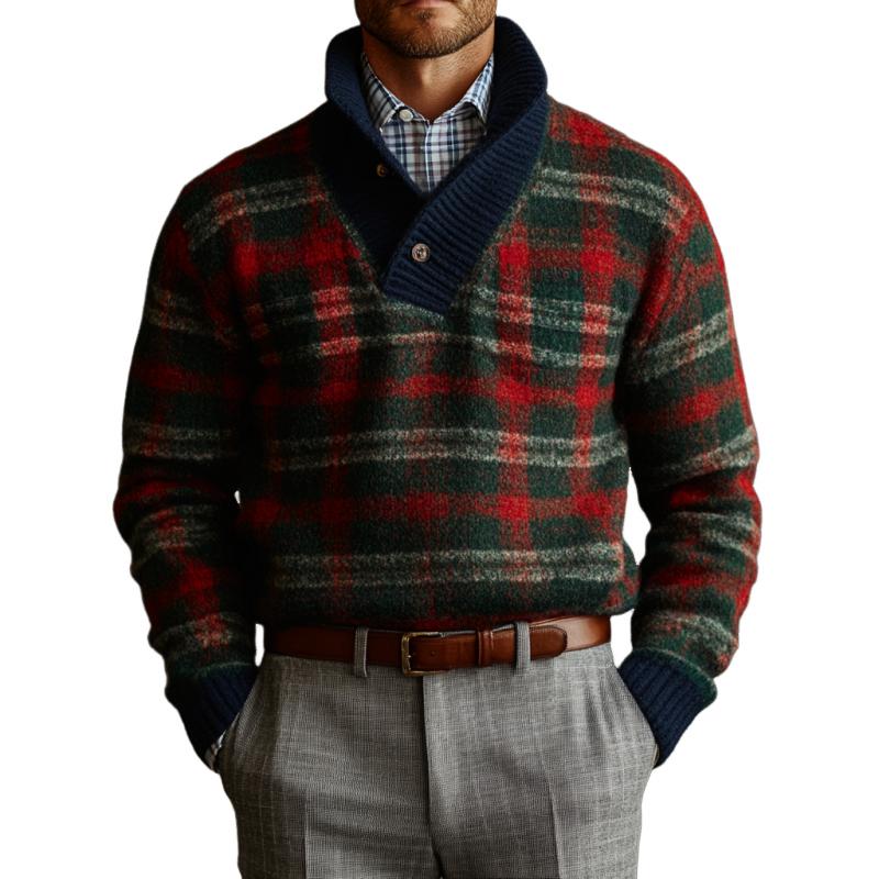 Men's Vintage Christmas Colorblock Plaid Knit Button Turtleneck Sweater