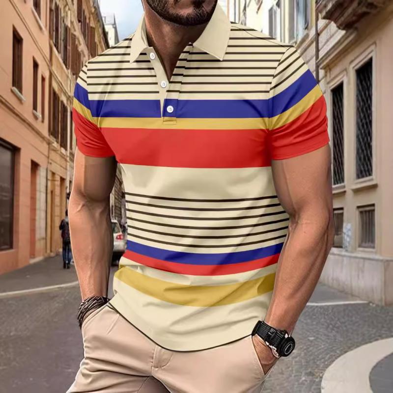 Men's Colorful Striped Lapel Short-Sleeved Polo Shirt